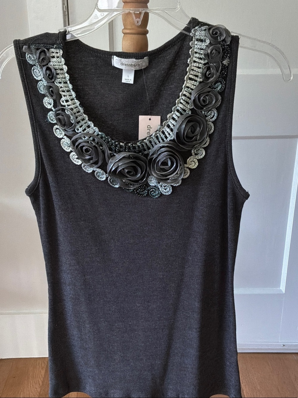 dressbarn Gray Sleeveless Top with Beaded Floral Neckline